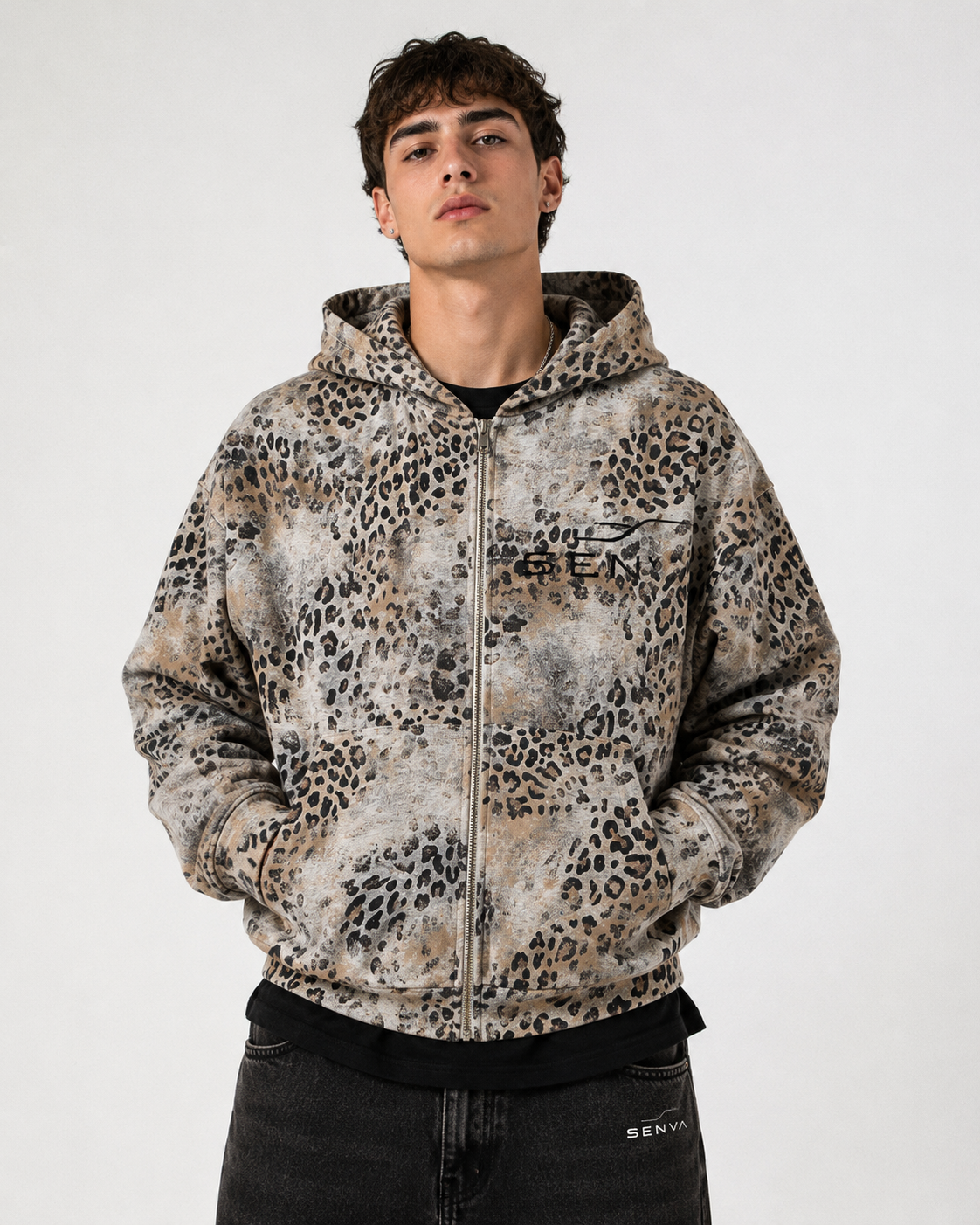 SENVA Vintage Wash Leopard Full-Zip Hoodie