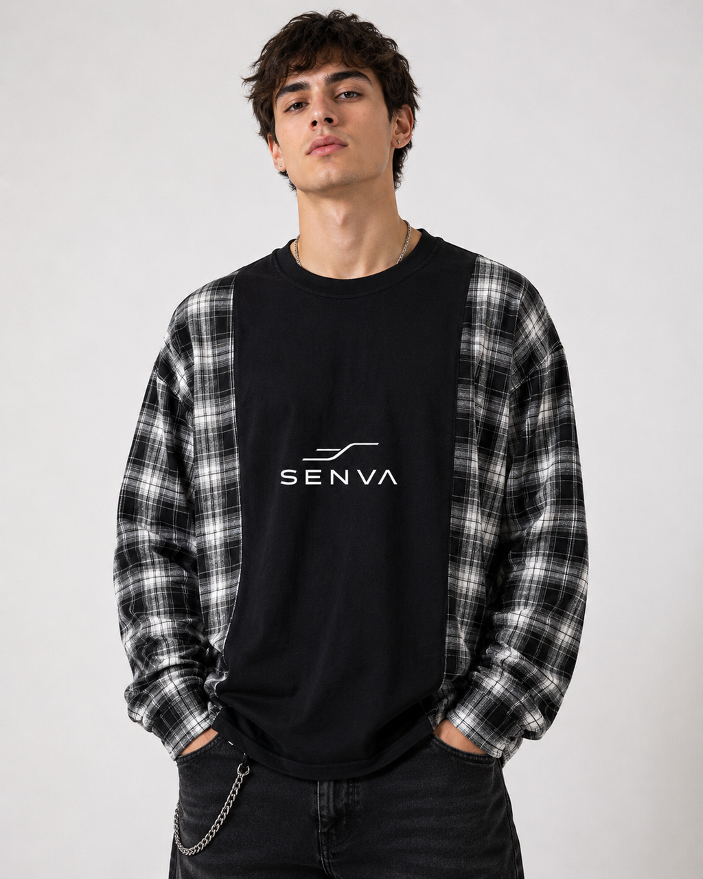 SENVA Plaid Panel Long-Sleeve T-Shirt – Black