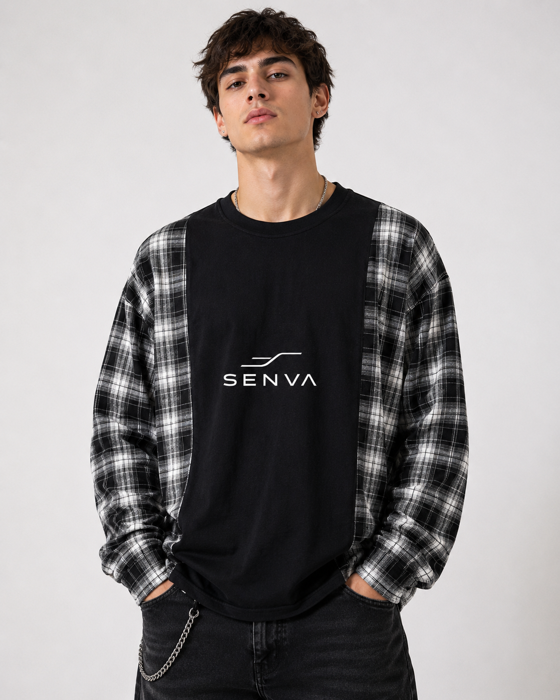 SENVA Plaid Panel Long-Sleeve T-Shirt – Black