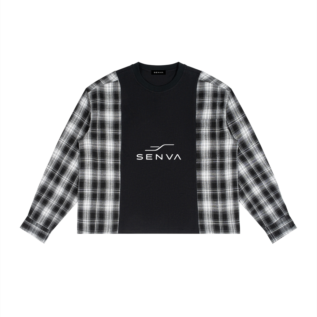 SENVA Plaid Panel Long-Sleeve T-Shirt – Black