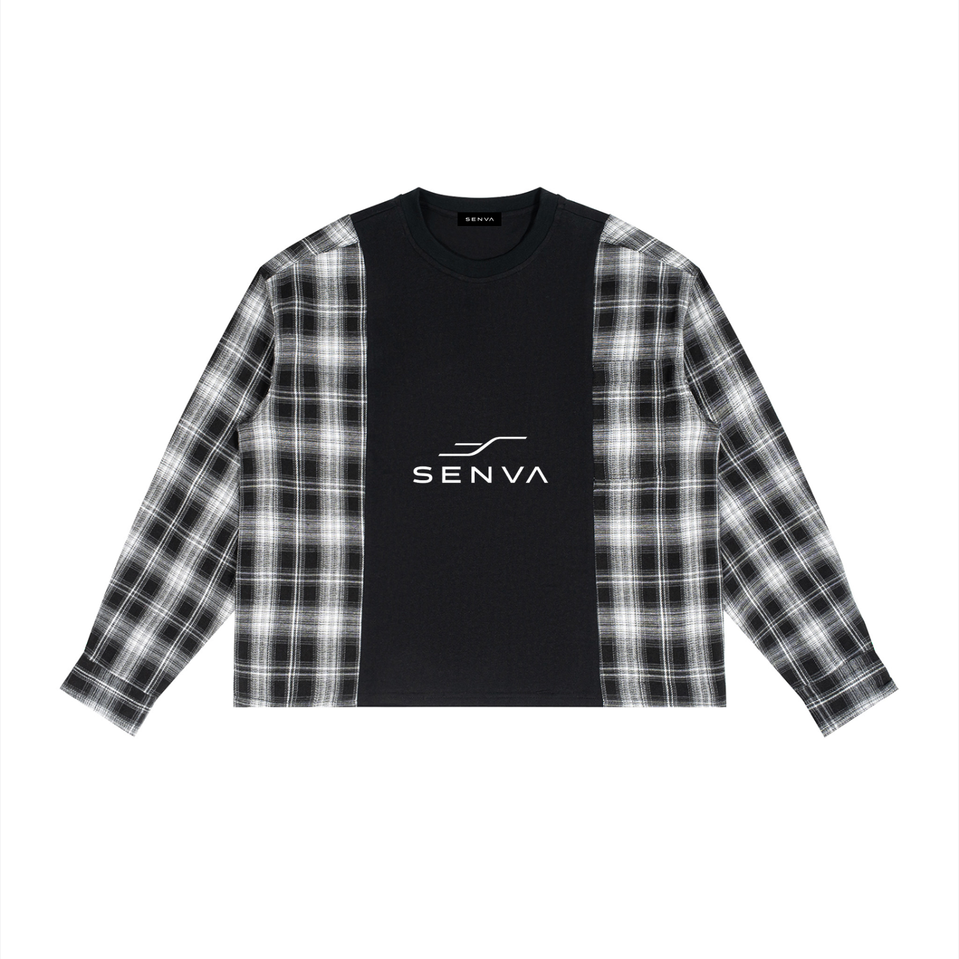 SENVA Plaid Panel Long-Sleeve T-Shirt – Black