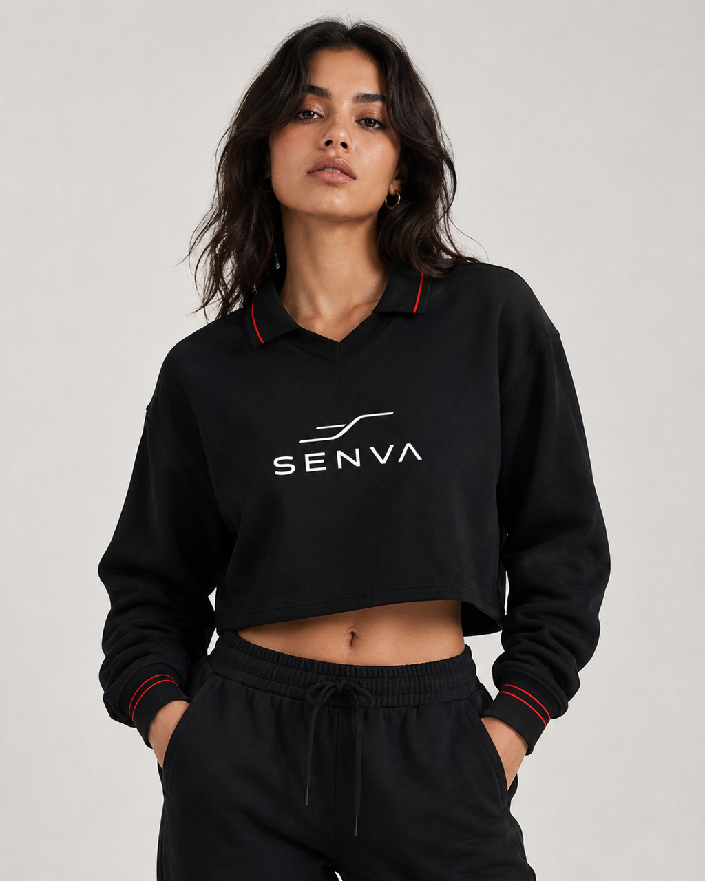 SENVA Women’s Cropped Collared Sweatshirt – Black