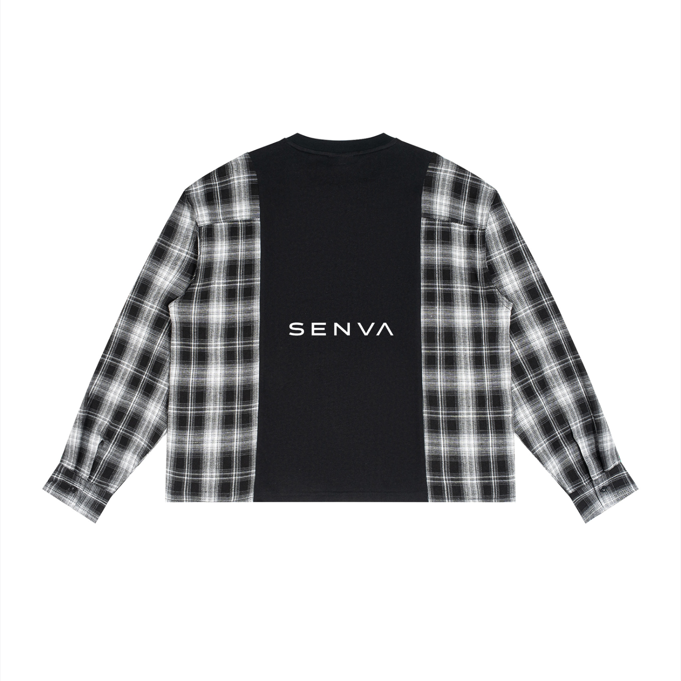 SENVA Plaid Panel Long-Sleeve T-Shirt – Black