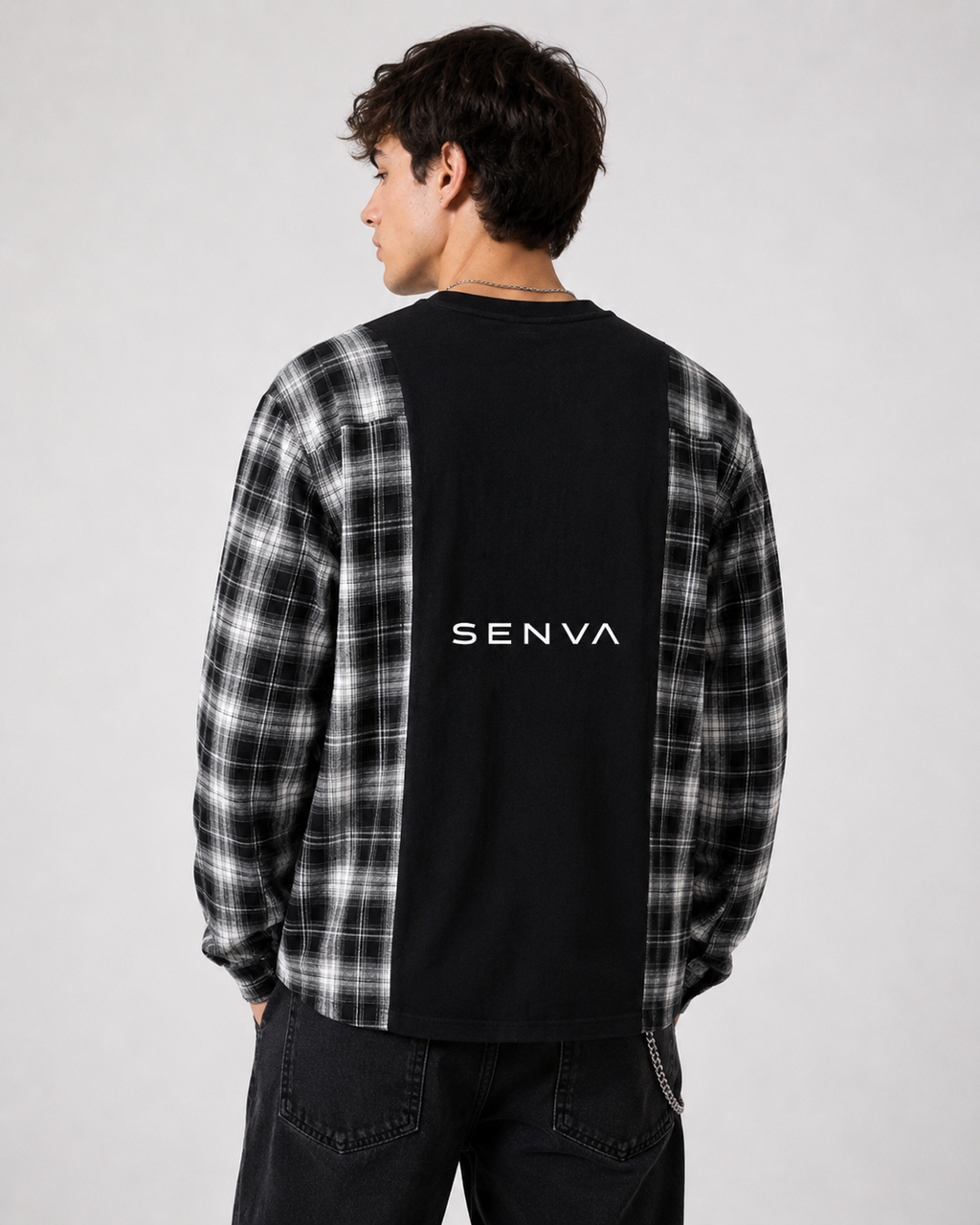 SENVA Plaid Panel Long-Sleeve T-Shirt – Black